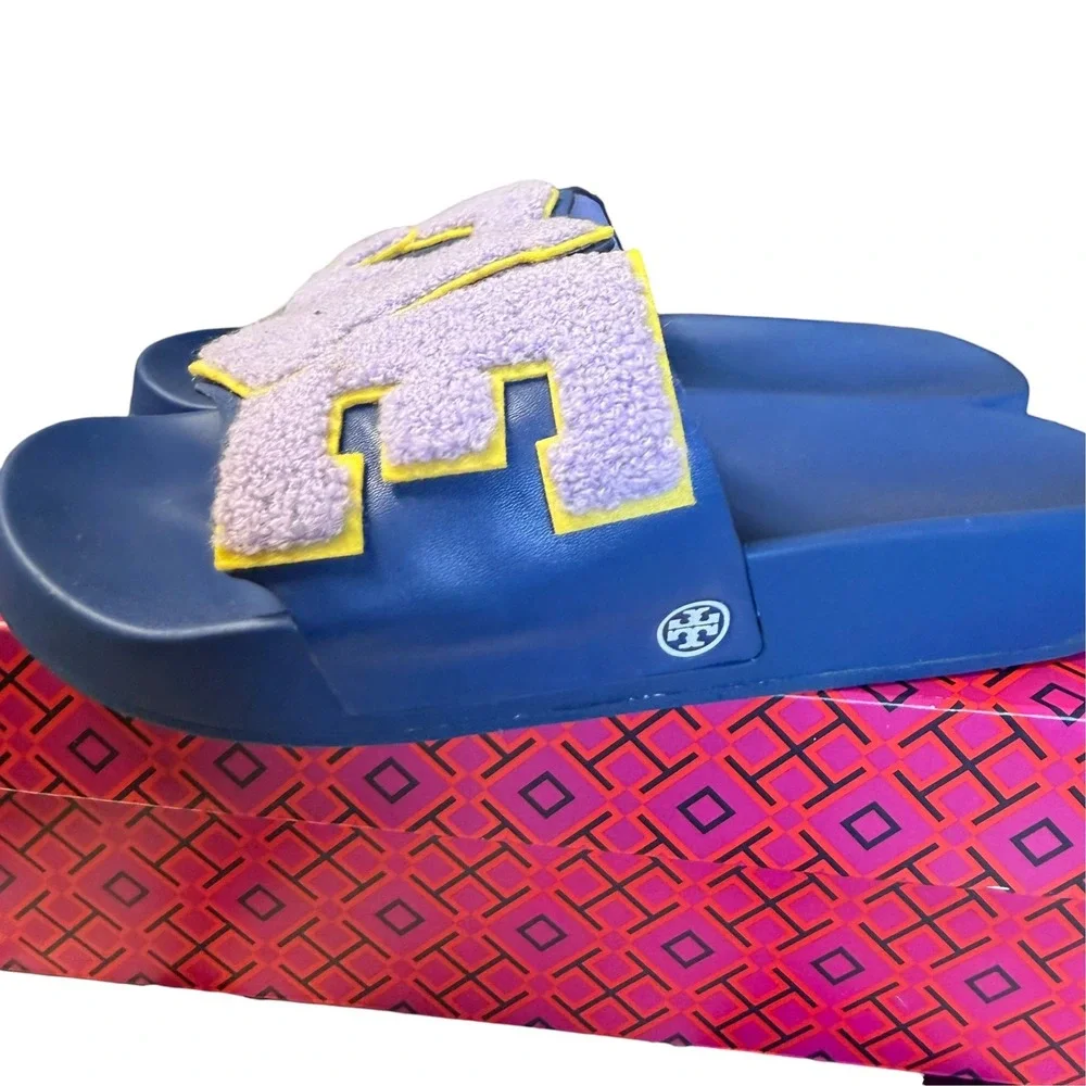Tory Burch Love Slide Blue Wash Lavender Chenille Patch Platform Sandals  8